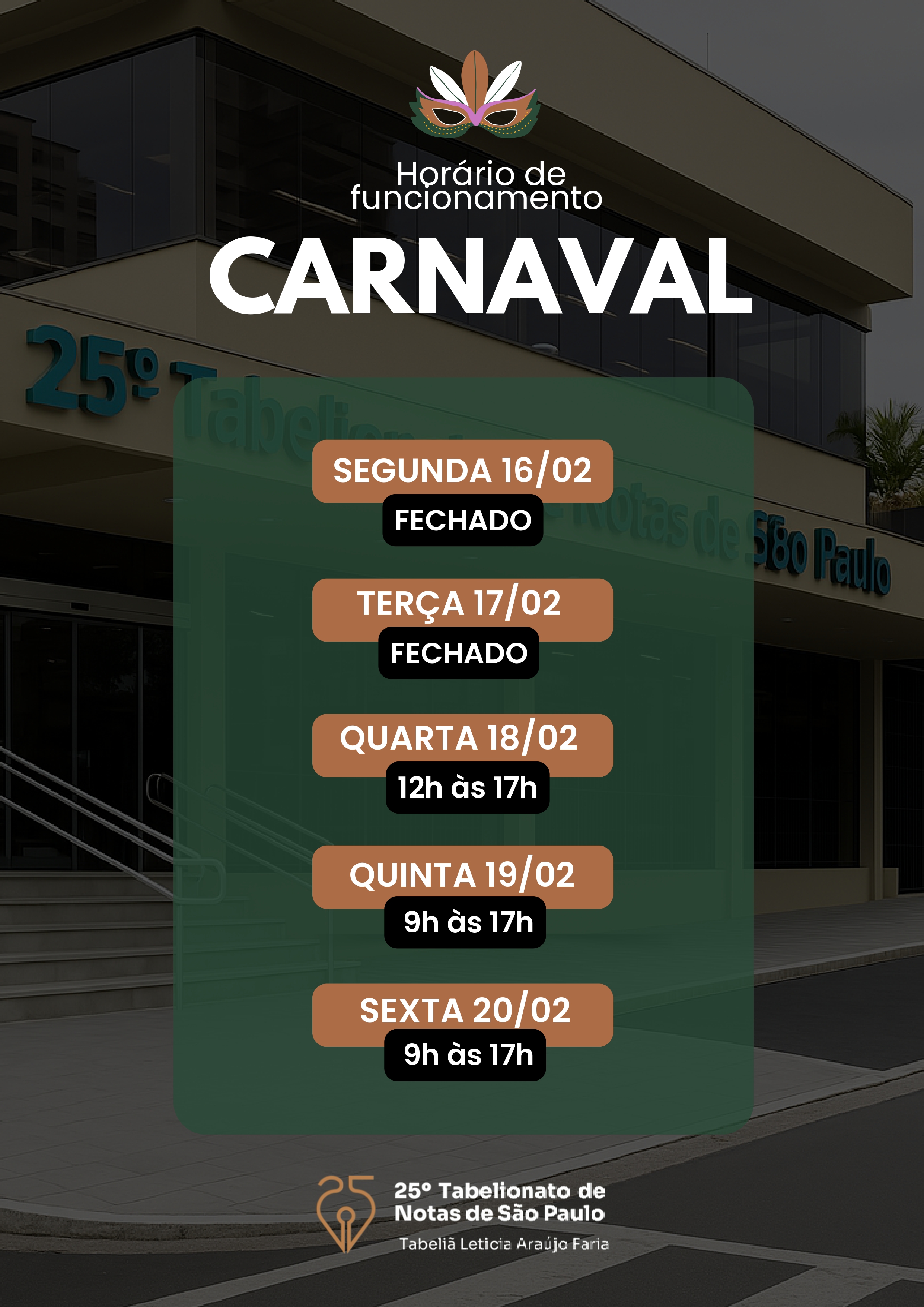 Horário de atendimento - Carnaval
